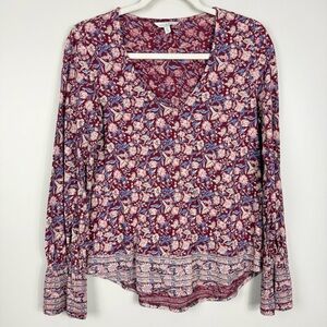 Lucky Brand Top Womens Small Red Blue Paisley V-Neck Long Sleeve Boho Shirt